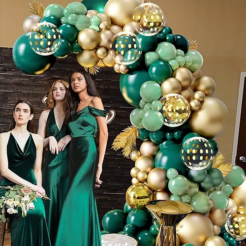 Miniatura 5 de Kit de guirnalda de arco de globos verdes, 144 globos dorados metálicos verde esmeralda oscuro verde salvia para Wild One Jungle Safari cumpleaños,