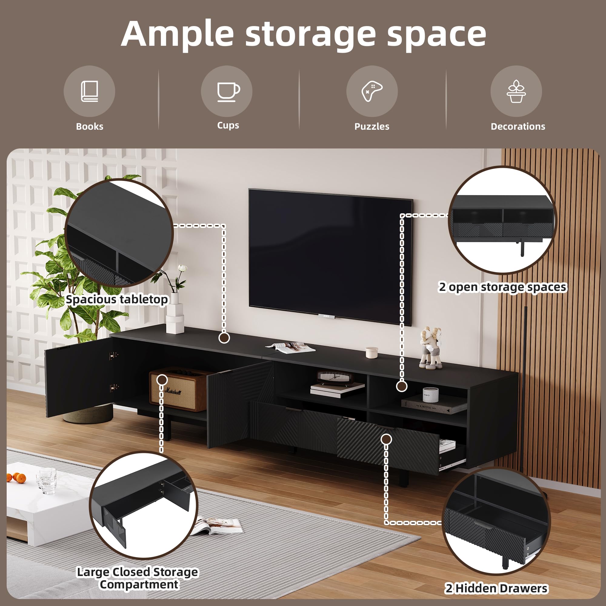Mueble para TV de 200 cm, Soporte para TV de 90 Pulgadas con Puertas, Cajones y gestión de Cables, Armario Bajo con Espacio de Almacenamiento para Salón Dormitorio, Negro