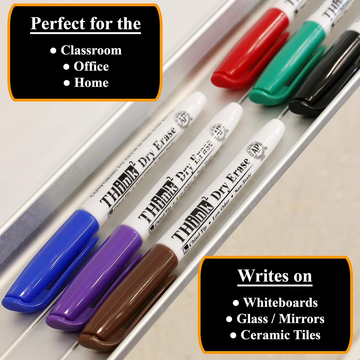 [6 Color Dry Erase Markers] Think2 Chisel Tip Markers with Eraser & Cleaner Set. (1 Black, 1 Red, 1 Blue, 1 Green, 1 Purple, 1 Brown) AP Certified German Ink. For Kids, Classroom, Office, Home