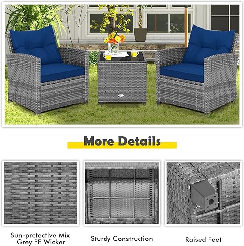 Miniatura 59 de Tangkula - Juego de muebles de patio de 3 piezas, mimbre de ratán de PE, para exterior, con cojín lavable y mesa de vidrio templado, muebles