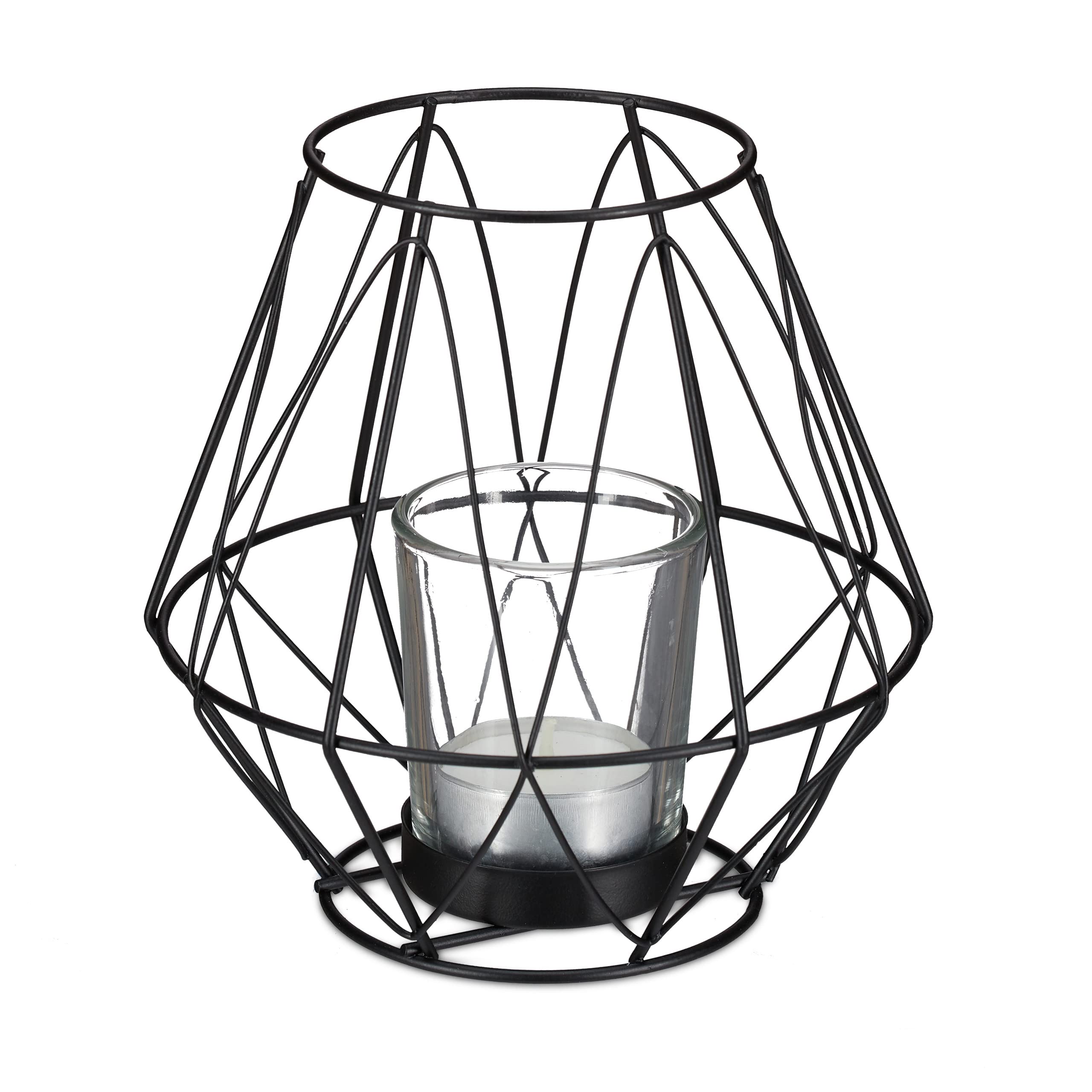 Relaxdays Black Tealight Holder, Geometric Design, With Votive Candle Glass, Metal, H X Diam. 14 X 14 Cm,