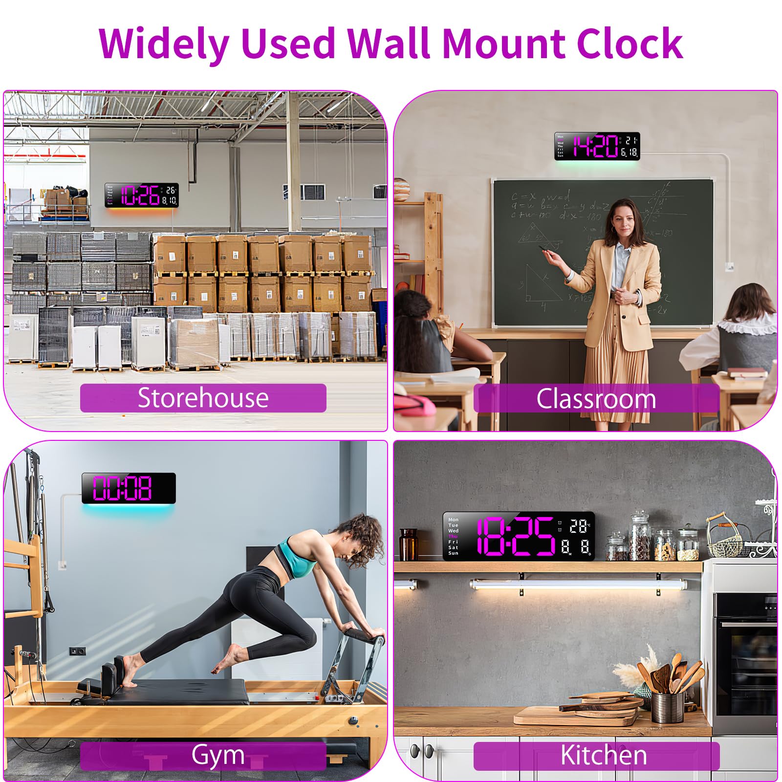 Fuloon Horloge Murale Numérique LED avec Télécommande Positif Compte à Rebours Luminosité Réglable Pendules Murales pour Salon Cuisine Bureau Gymnase (16 Pouces, Rose Rouge)