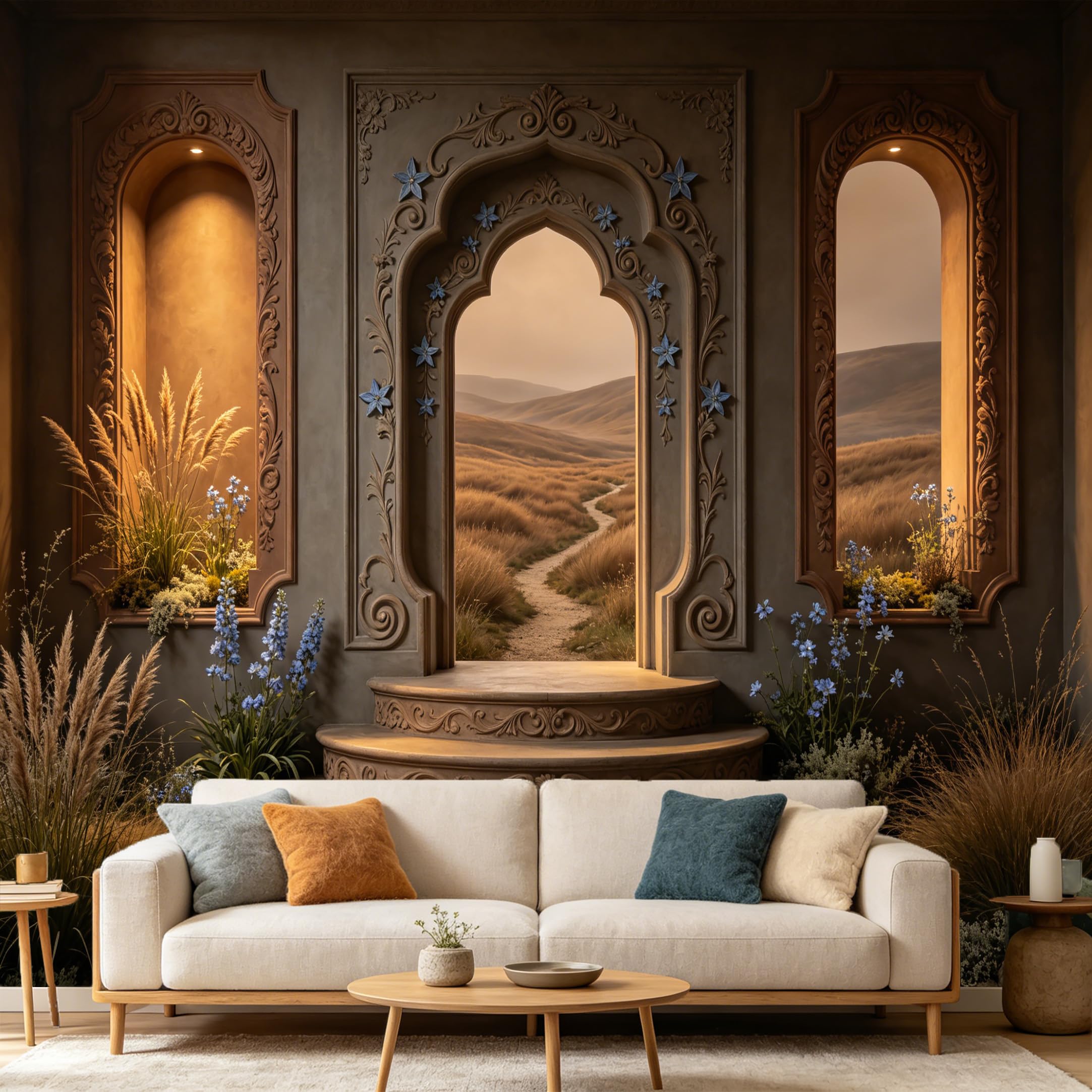 Custom Size Wall Mural， 3D Trompe L'Oeil Mediterranean Archway Meadow Landscape， SelfAdhesive Art Prints wall Fabric Removable Large Wallpaper Home Living Room Decor