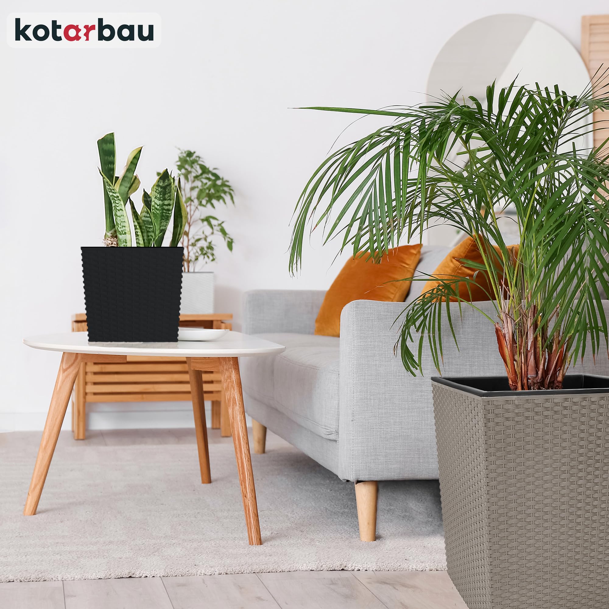 KOTARBAU® Set di 2 vasi da fiori 15,8 L Altezza: 27 cm Mocca. Vaso per piante in plastica con sottovaso. Set di vasi da fiori come in rattan. Adatto per interni ed esterni