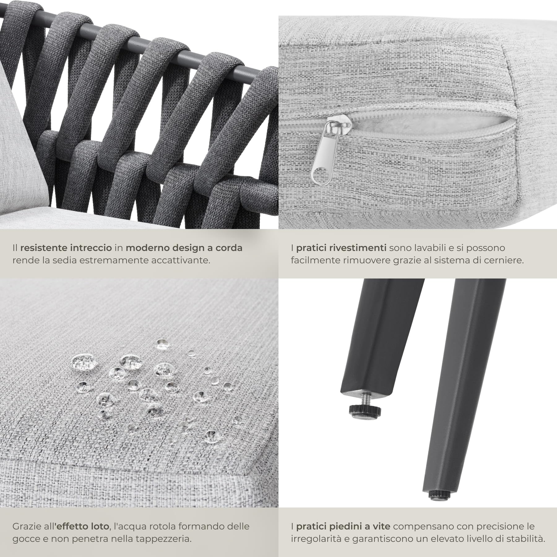 tectake® Set di 2 Sedie da Giardino, Design a Corda, Struttura in Alluminio, Cuscini Extra Spessi e Super Morbidi, Rivestimenti Idrorepellenti e Lavabili, Piedini Regolabili in Altezza - Antracite