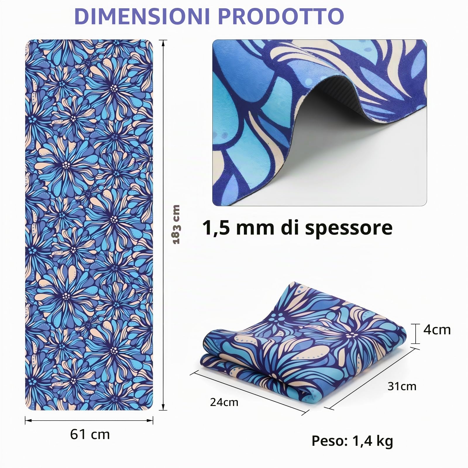 Tappetino Yoga Pieghevole da Viaggio, Fitness Antiscivolo per Allenamento Yoga e Pilates, 183x61 cm, Spessore 1,5 mm