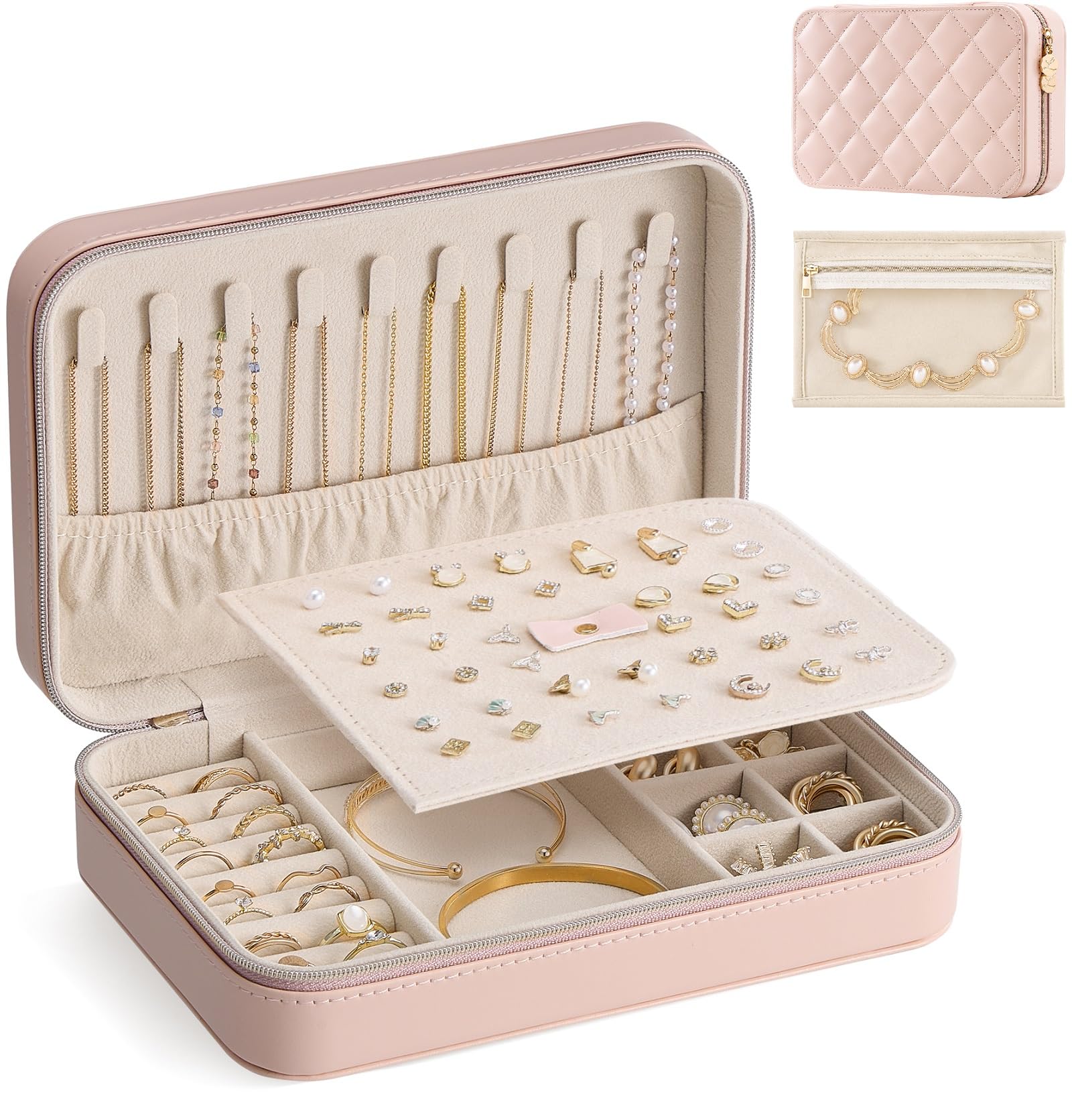 Lolalet Portagioie da Viaggio Donna con Borchetta Trasparente - Scatola Organizer Portatile per Collane, Braccialetti, Orecchini, Anelli -Grande, Rosa