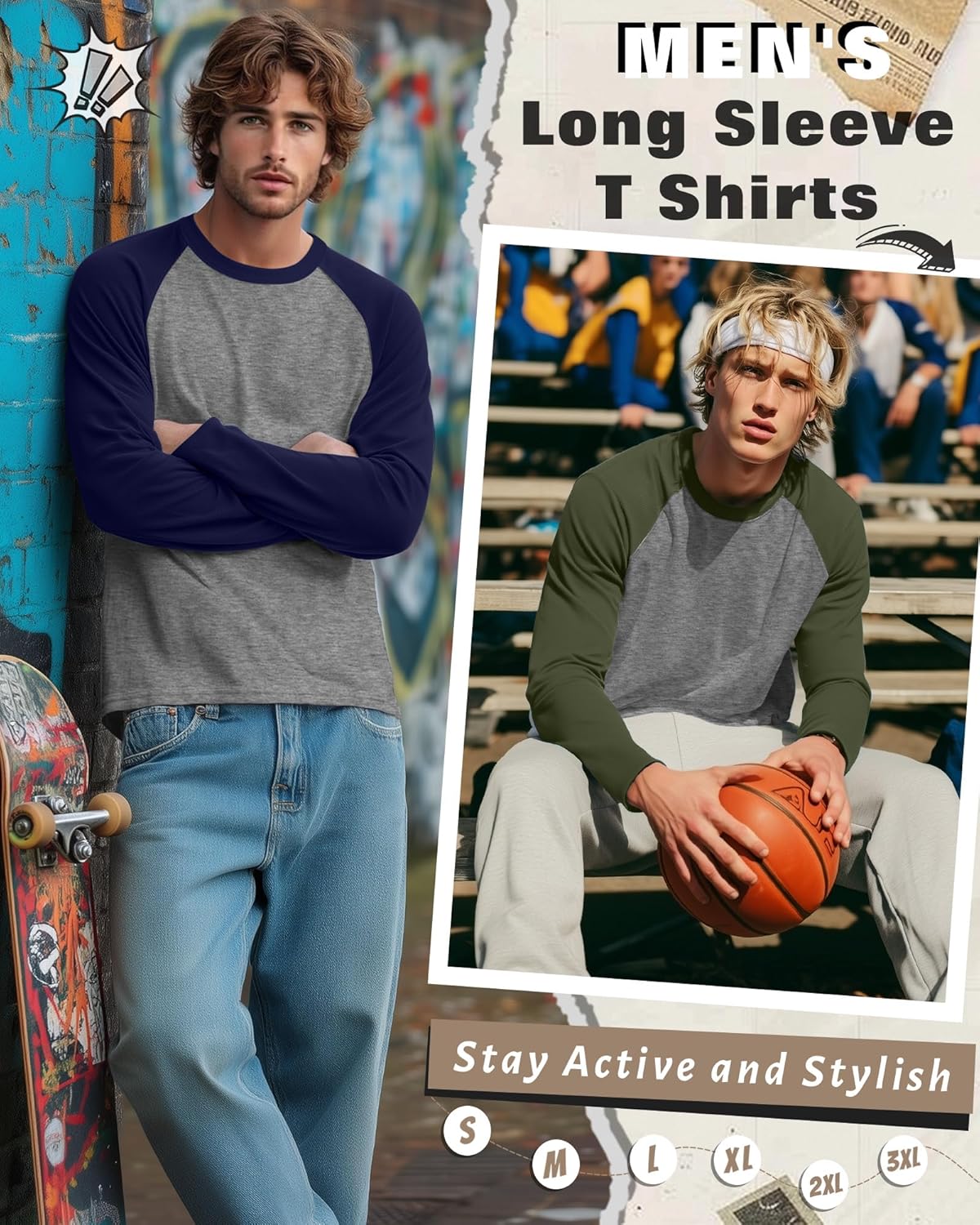 5 Pack Men's Long Sleeve T Shirts Crew Neck Baseball Tops Raglan Athletic Casual Tees - Image 2