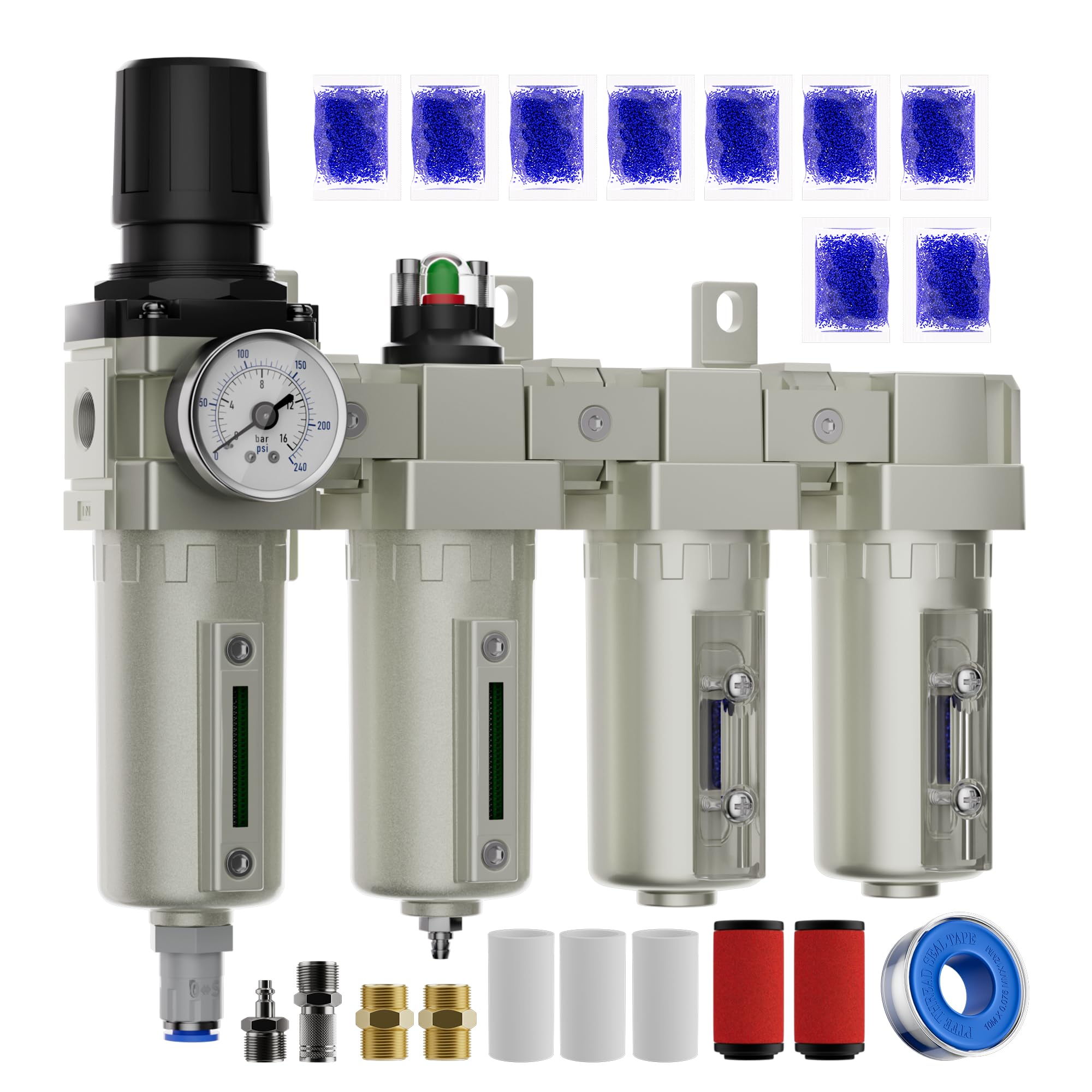 Sistema de secado de aire de grado industrial NPT de 4 etapas de 1/2 pulgadas, filtro de partículas, filtro de coalescencia, secador de doble desecante y regulador de aire, tazón de metal, drenaje