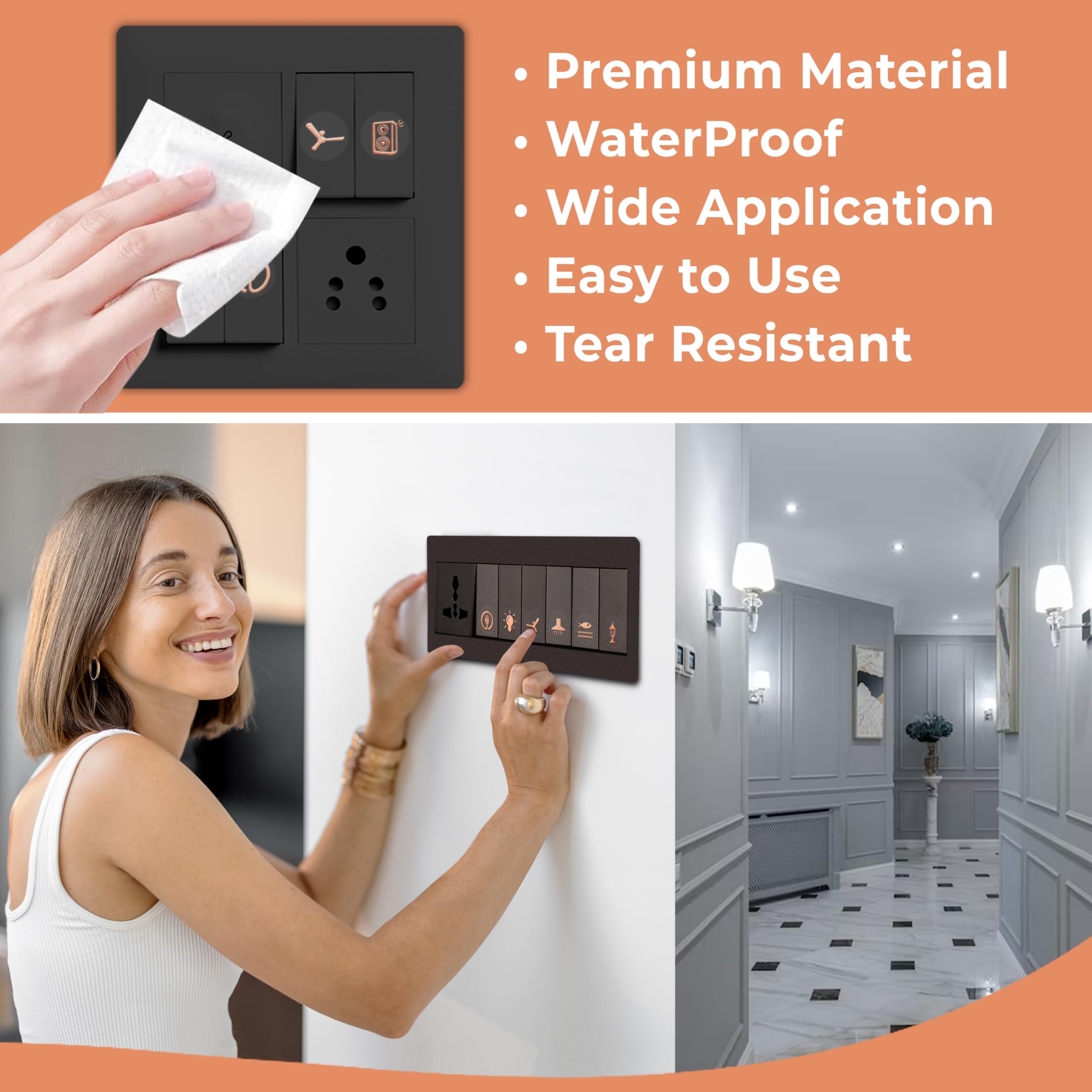 Goelite Rose Gold Switch Stickers Embossed for Switch Board | 27 Designs, Pack of 330 Stickers for Home Including Fan, Light and Many More 2