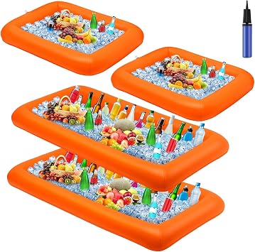 Leitee 4 Pcs Inflatable Ice Serving Bars Buffet Serving Tray Drink Cooler for Pool Party Inflatable Ice Tray Floating Food Drink Containers with Drain Plug and a Hand Pump, 2 Sizes Orange