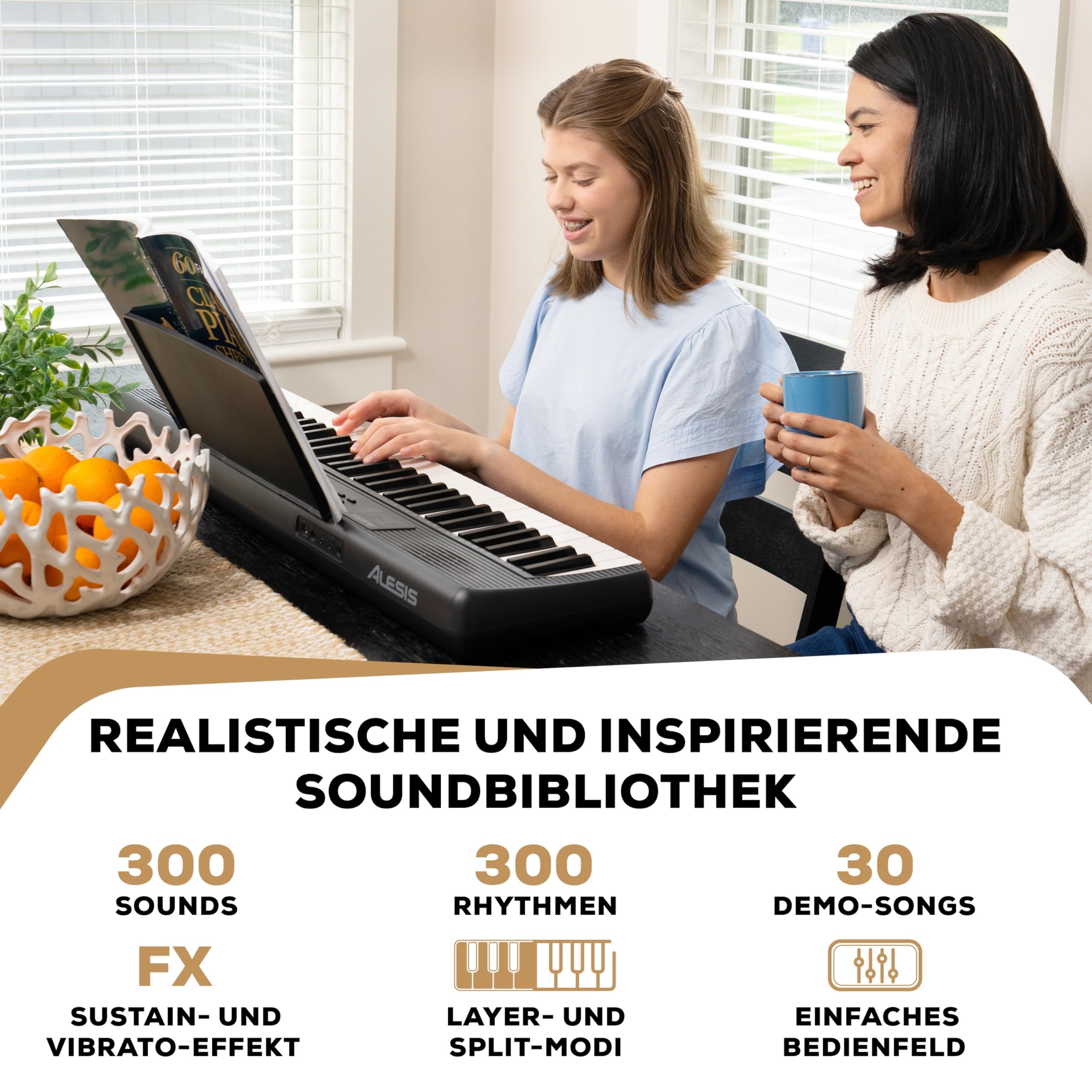 Alesis Melody 61 Keyboard Piano für Einsteiger mit 61 Tasten, Lautsprechern, Tablet-/Notenablage, 300 Sounds und Musiklektionen