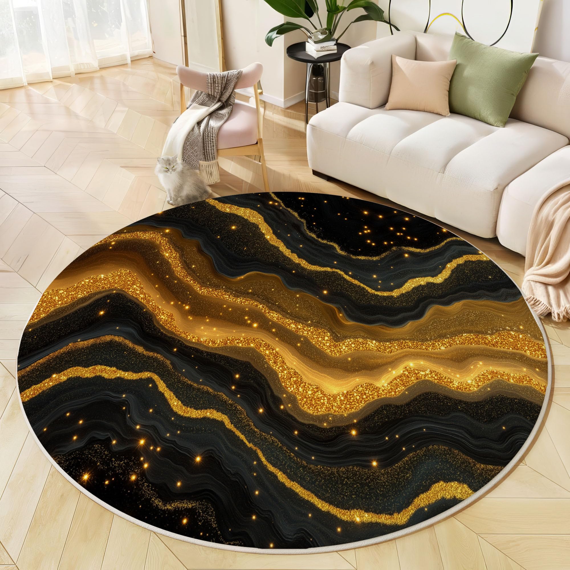 Tapis rond salon 200 cm imprimé marbre noir et or grand tapis de sol