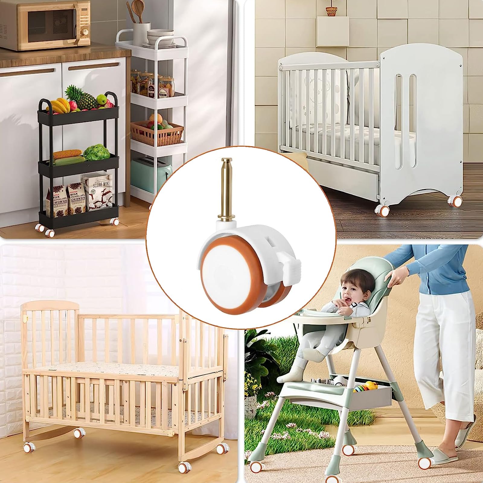 4 Pièces Roulettes pour Lit d'Enfant Pivotantes, Roulettes Pivotantes pour Berceau, Support Roulettes Pivotantes Lit de Bébé, pour Poussettes, Chaises, Petits Canapés, Berceaux