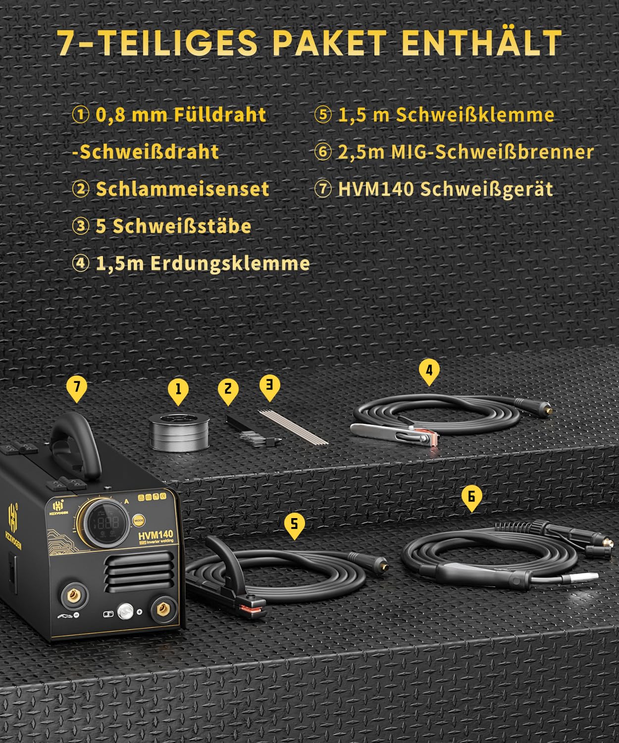 H HZXVOGEN 140A MIG-Schweißgerät, 230V Fülldraht-MIG/Lift-TIG/Elektroden-Schweißgerät 3 in 1 mit Synergic, IGBT Inverter Tragbares gasloses MIG-Schweißgerät MIG-Schweißgerät für Anfänger (HVM140)