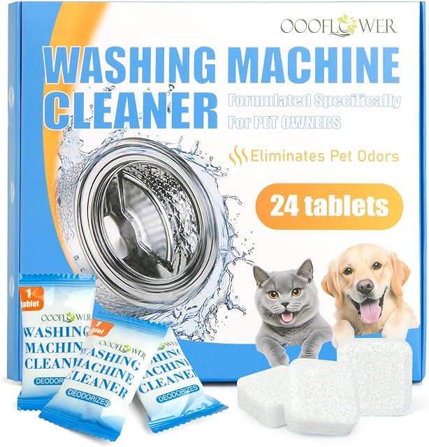 24 Count Washing Machine Cleaner Tablets, Powerful Descaler Washer Cleaner for HE, Front & Top Load Washer, Deodorizer, Septic Safe, 12-Month Supply for Pet Owners.