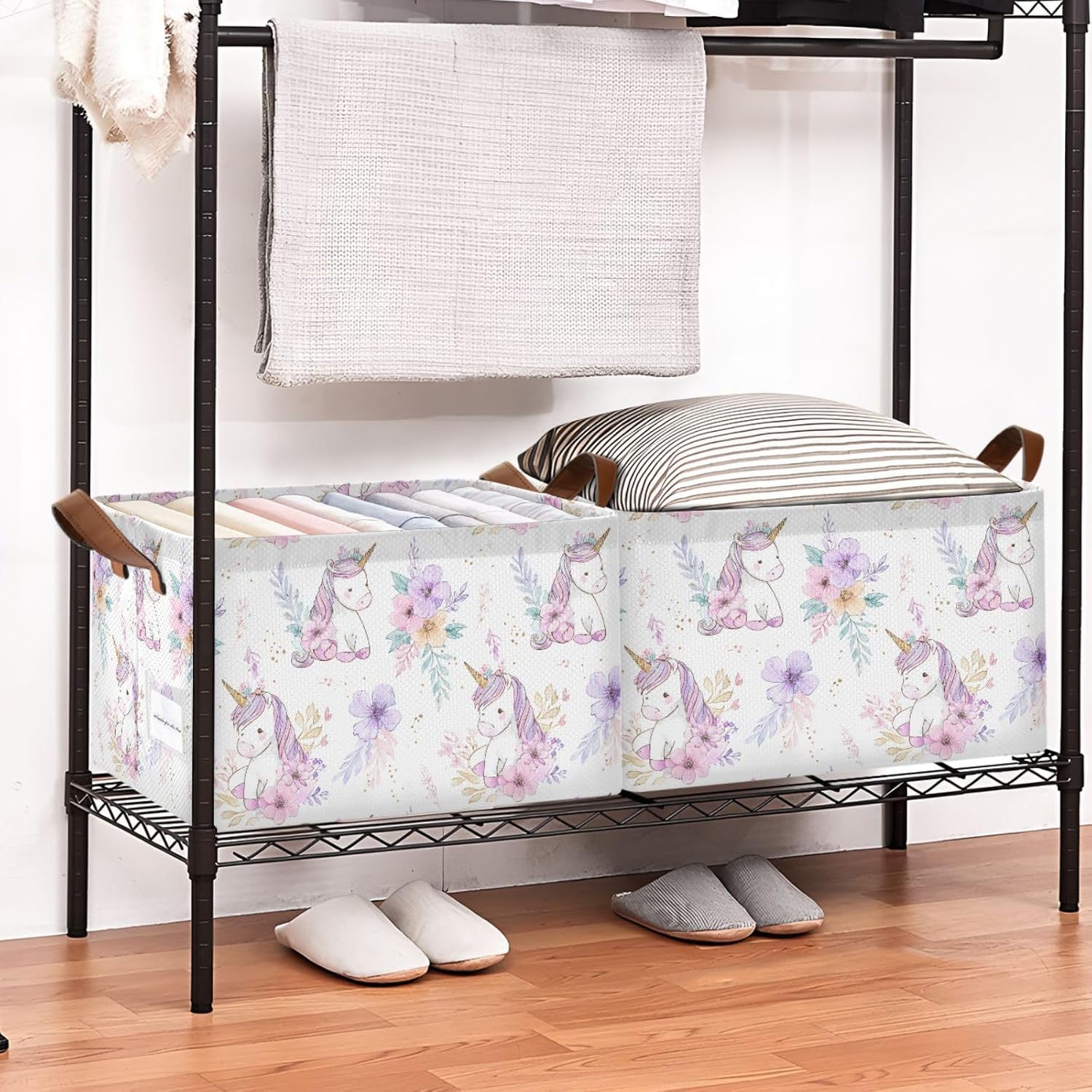 Watercolor Flowers and Cute Unicorn Storage Basket Foldable Cube Storage Bins with Handles&Label Waterproof Organizer Box Bin Large Rectangle Decorative Baskets for Shelves Home Room Laundry, 2 Pack