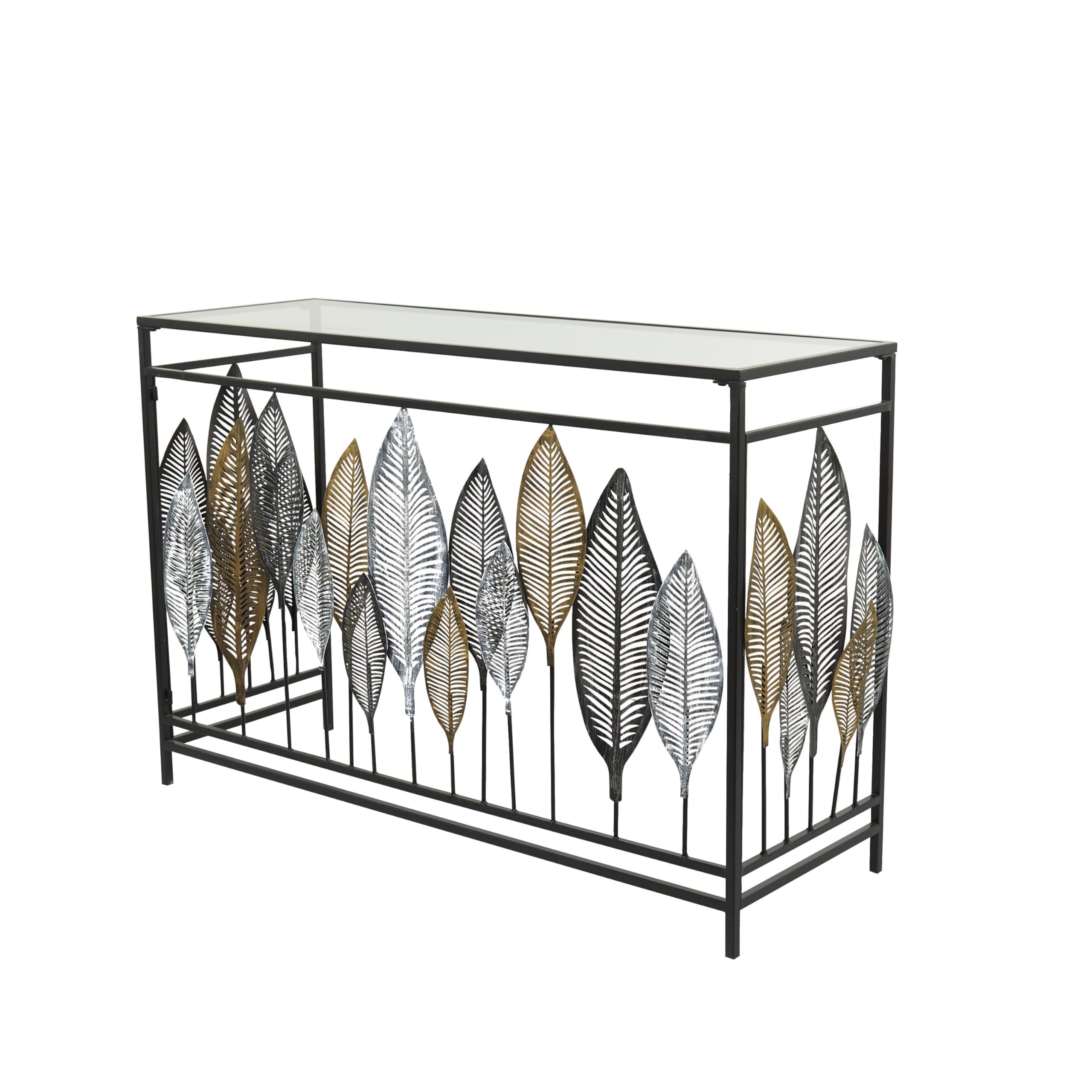 Deco 79 Metal Leaf Console Table with Glass Top and Gold Accents, 44" x 16" x 30", Black