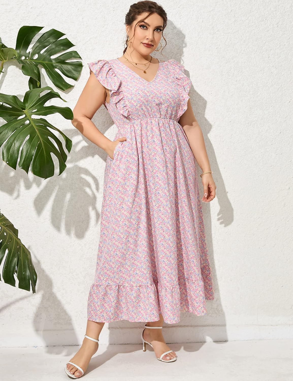 KOJOOIN Women's Plus Size Summer Dress with Pocket Ruffle Cap Sleeveless V Neck Side Split Long Beach Maxi Dress - Image 4