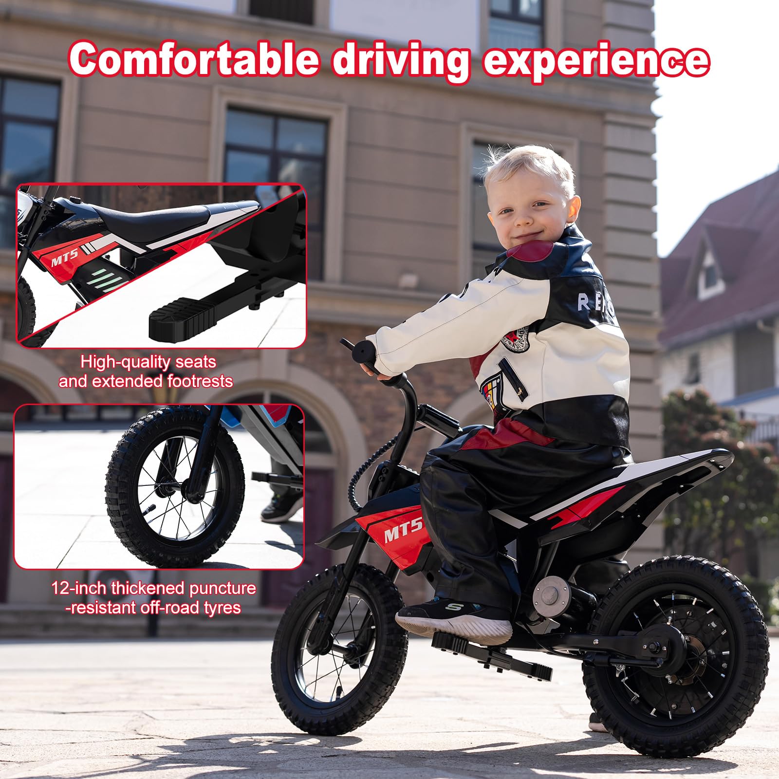 MT5 Elektromotorrad für Kinder mit 150-W-Motor, Geschwindigkeiten 8/16 km/h, Einer Reichweite bis 15 km und 12 Zoll Luftreifen, Motocross für Kinder