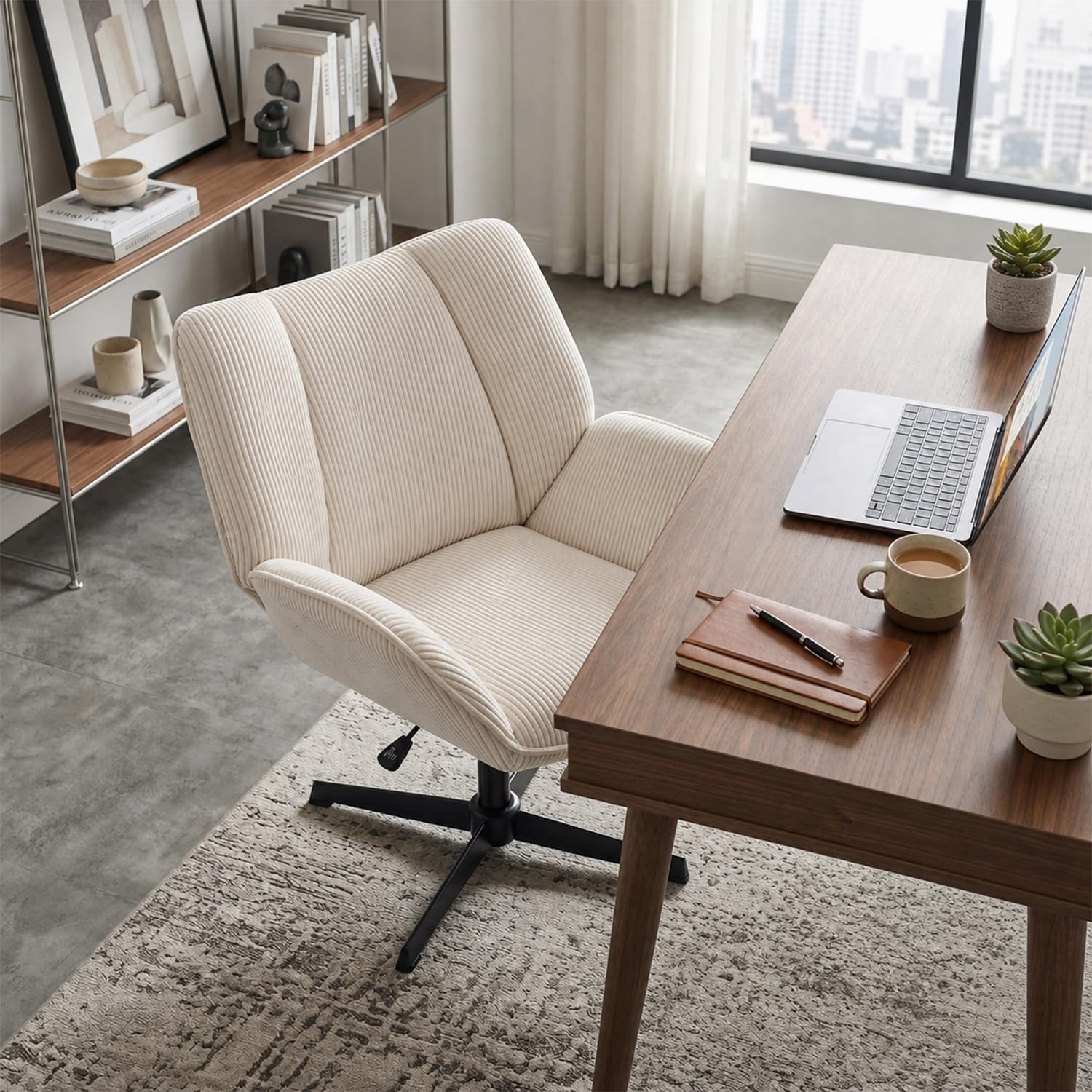 MEUBLE COSY Silla de Oficina Giratoria 360°, Altura Ajustable, Acolchada con Espuma en Tela de Pana, para Escritorio Estudio, sin Ruedas, Beige