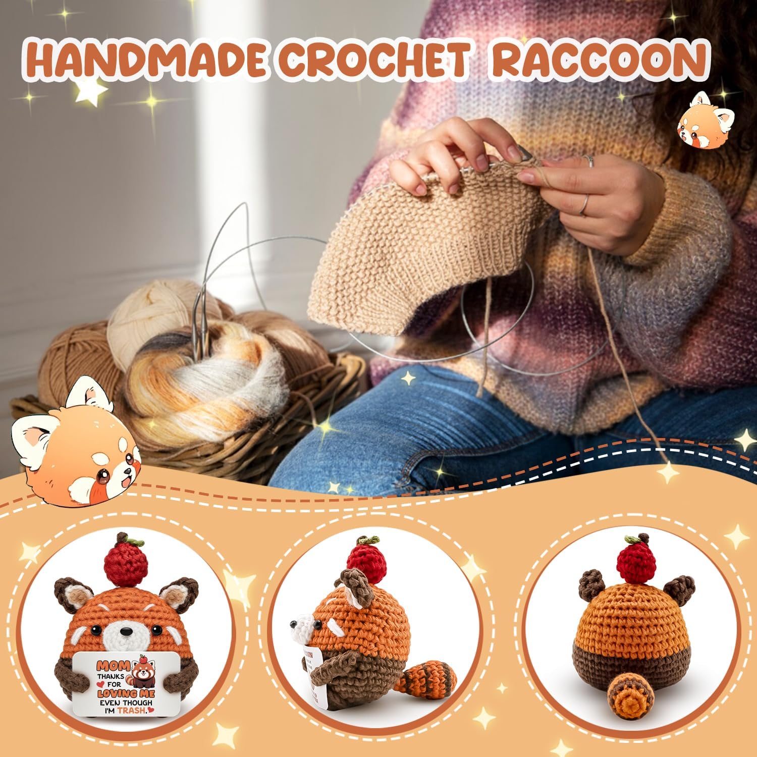 Mini Handmade Crochet Raccoon Stuffed Animal Birthday Valentine Gifts for Mom from Daughter Son Emotional Crochet Support Gift for Grandma Mama Mother in Law Stepmother Cute Home Decor - Image 4