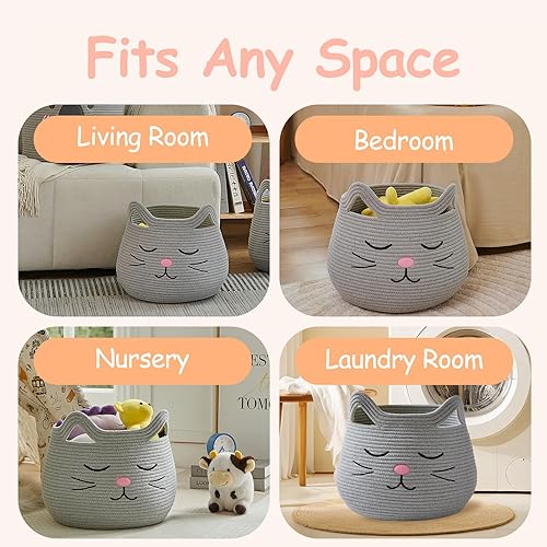 Miniatura 28 de OMERAI Cesta de animales para gatos, bonita canasta de manta grande tejida de cuerda de algodón, almacenamiento de juguetes para decoración del Gris