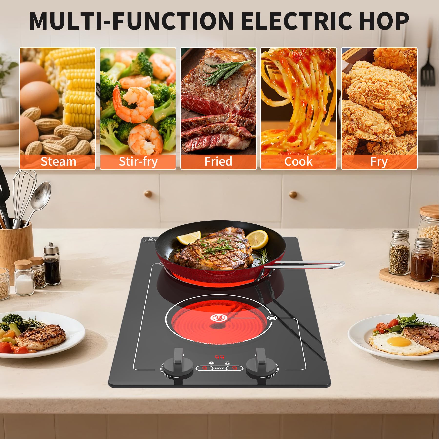 VBGK electric hob,Built-in Design and Countertop Stove Top with Knob Control&Touch Control,10 Power Level, Timer & Kid Safety Lock,220V 3000W 2 burner electric hob — view 5