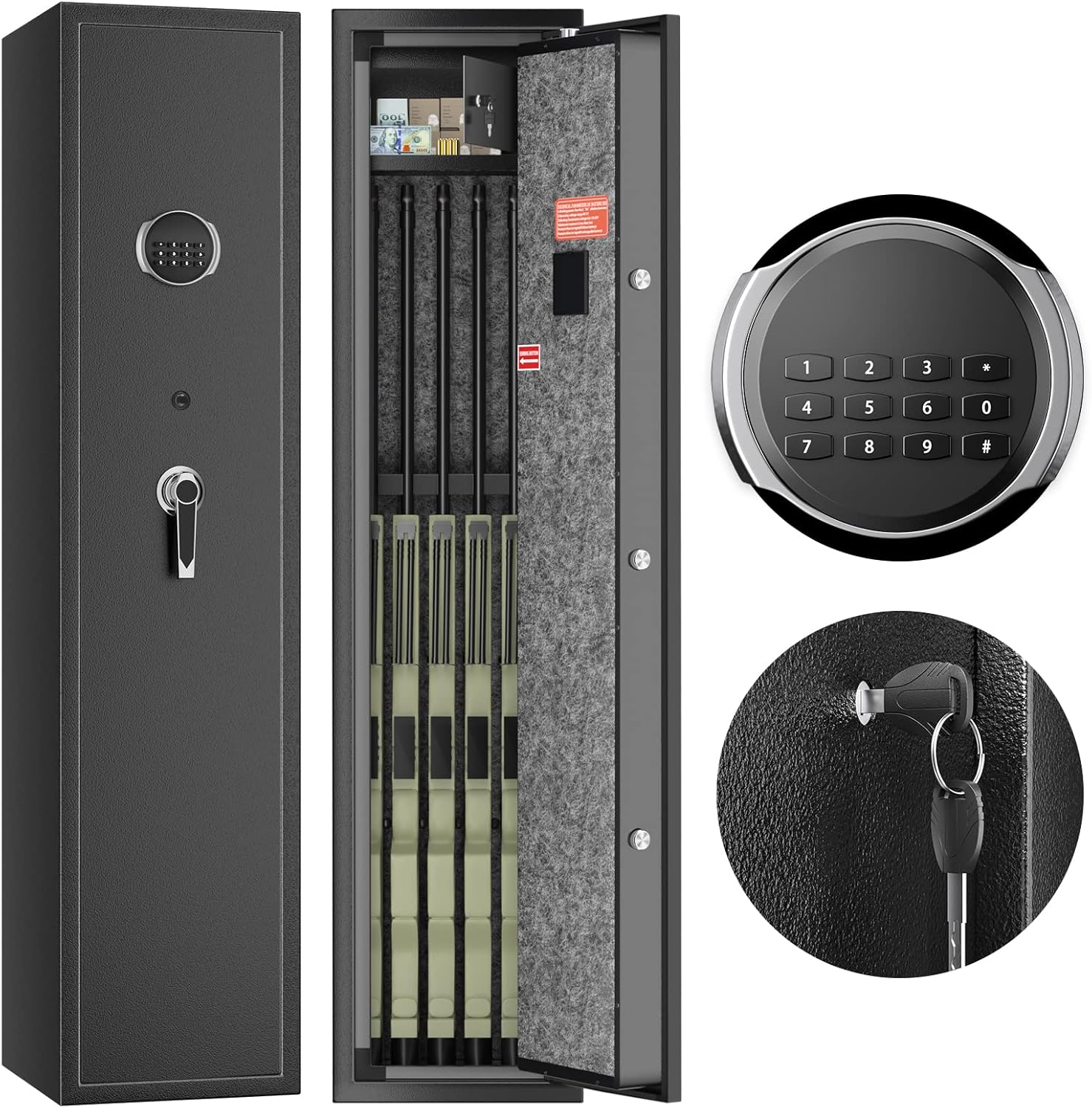 Large Rifle Safe, Quick Access 5 Gun Safes With Pistol Password Case Silent Mode, Adjustable Height, Bullet Box, LED Lights,Induction Alarm, Removable Storage : Sports & Outdoors