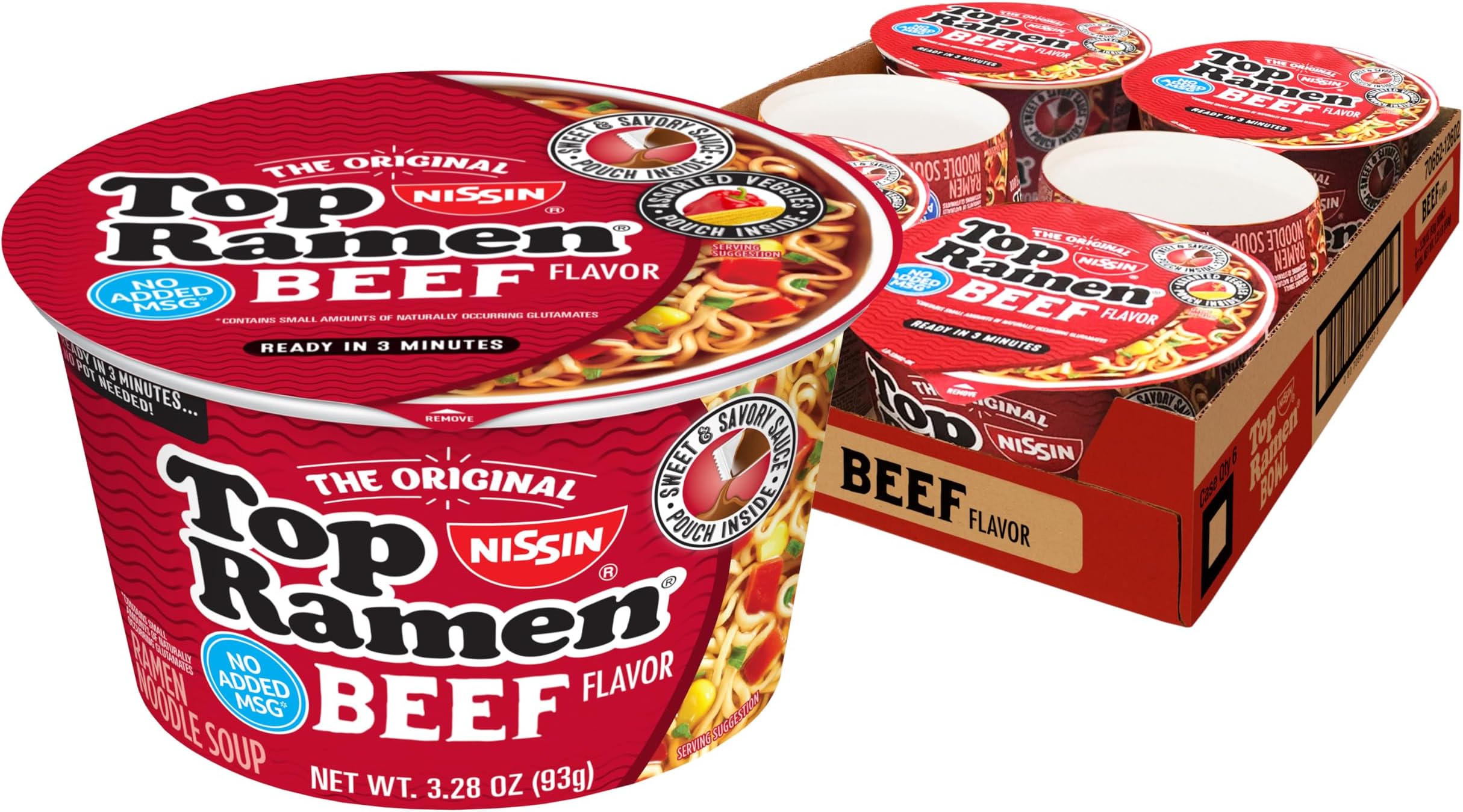 Nissin Top Ramen Bowl Ramen Noodle Soup, Beef, 3.28 Ounce (Pack of 6)