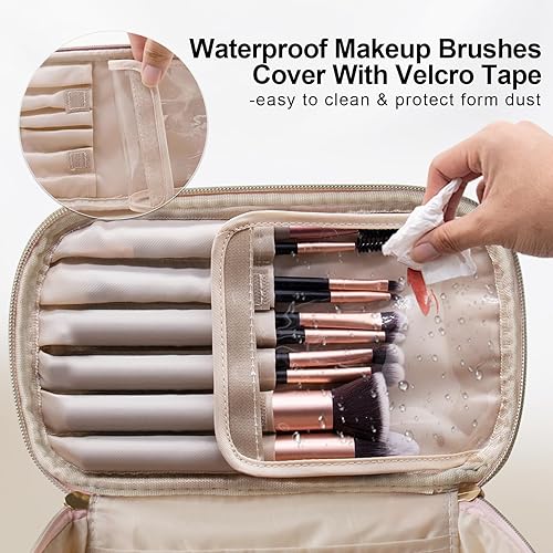 Miniatura 3 de Bolsa de maquillaje, organizador de maquillaje de viaje, bolsa de cosméticos para mujeres, en cuero a cuadros tejido duradero y ecológico, bolsa de