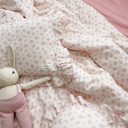 Miniatura 5 de BuLuTu Funda de almohada de muselina de algodón con borde de volantes y flores Galsang para niños, almohada de viaje suave para niños, niñas,