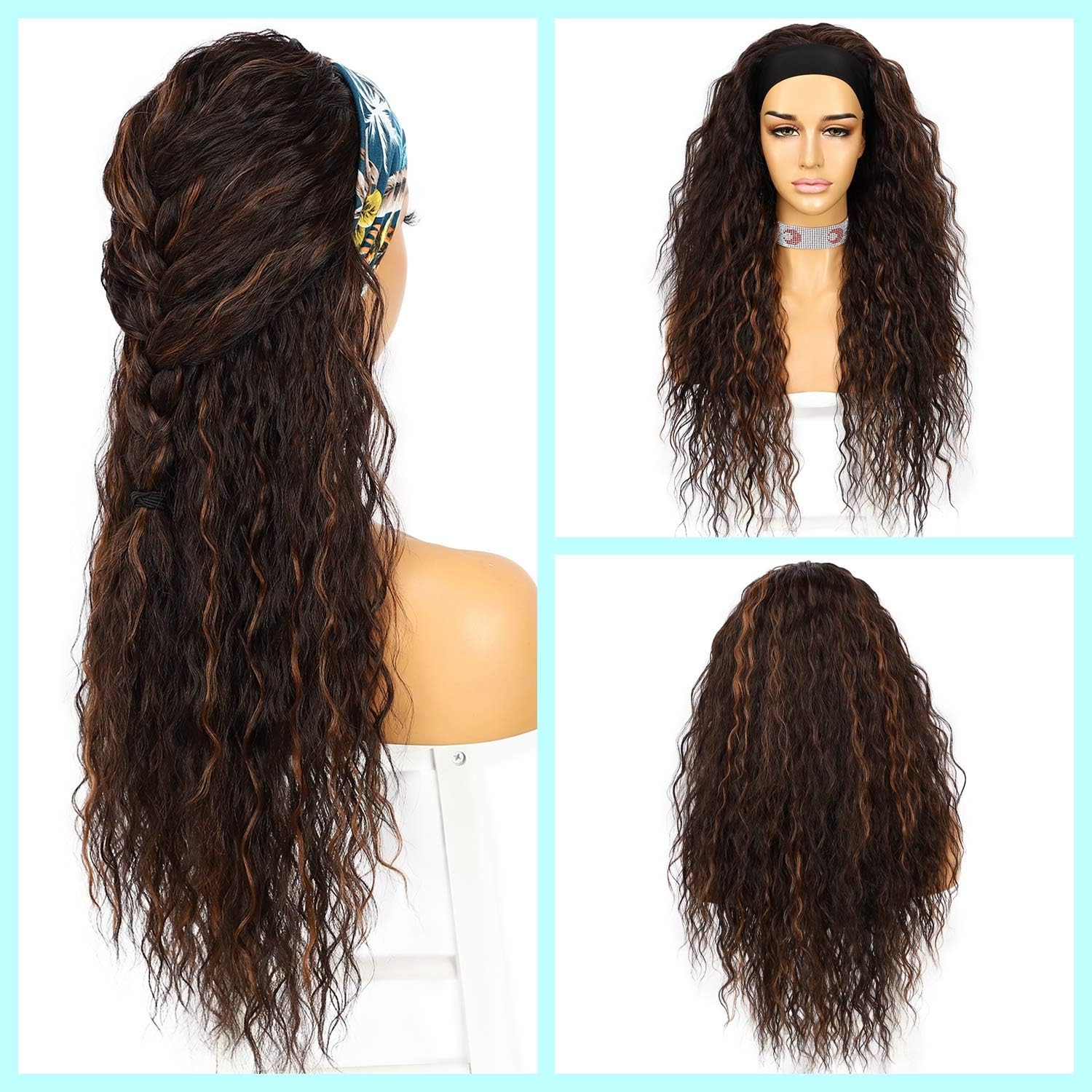 Sapphirewigs Curly Headband Wig Long Brown Synthetic Wigs for Women Loose Water Wave Headband Hair Glueless 150% Density 26 inch - Image 5