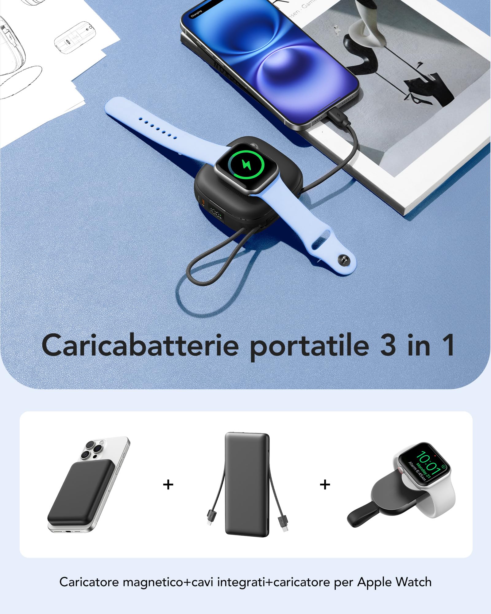 Charmast Power Bank Magnetico 10000mAh con Cavi Integrati, Mini Powerbank Wireless Carica Rapida 20W PD USB C, Display LED Batteria Esterna Compatibile con iPhone Apple Watch iPad