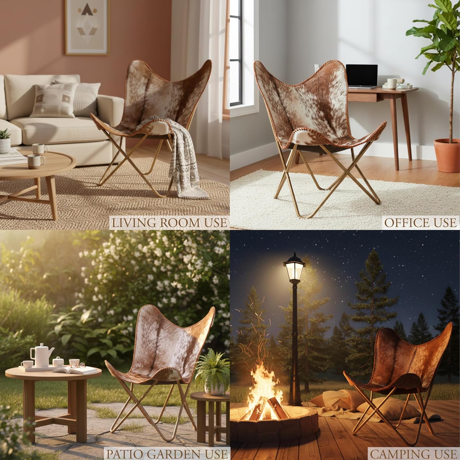 Shy Shy Let’s Touch The Sky Home Decor Genuine Goat Leather Butterfly Arm Chair with Black/Brown White Hair on Cowhide Accent Chair (White and Brown with Rose Gold)