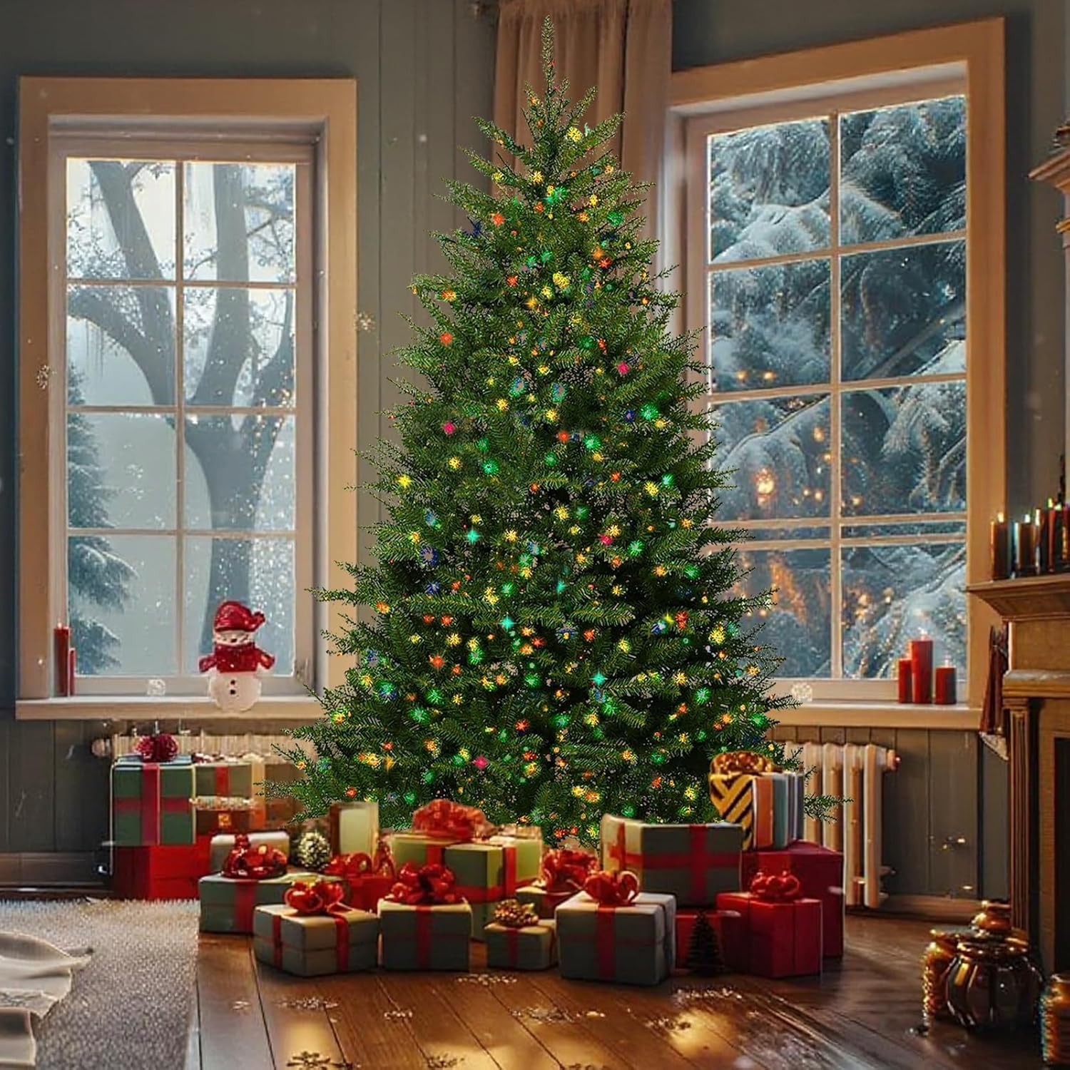 6FT Pre-Lit Artificial Christmas Tree with 600 Pre Lit Multicolored Lights, 1838 PVC Branch Tips,Green Dunhill Fir Xmas Tree, Foldable Metal Base for Home, Party Holiday Décor