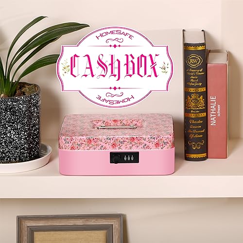 Miniatura 6 de Caja de efectivo floral vintage con cerradura de combinación, caja fuerte de metal y bandeja de dinero para seguridad, 7.87 x 6.30 x 3.54 pulgadas