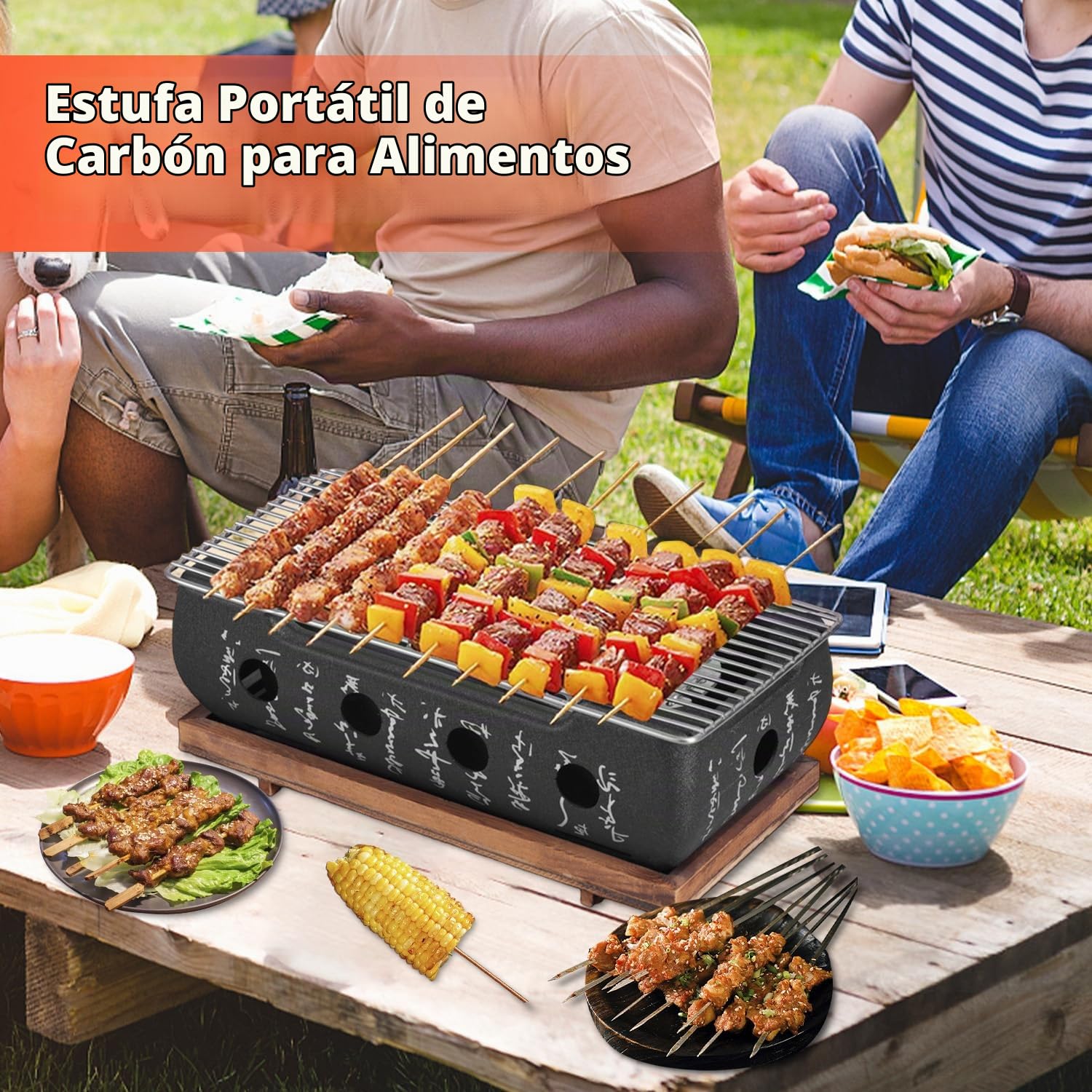 Tissting Barbacoa Japonesa de Mesa 36 x 18 x 13 cm – Mini Parrilla de Carbón Portátil con Rejilla y Base de Madera, Horno de Carbón para Yakiniku y Takoyaki