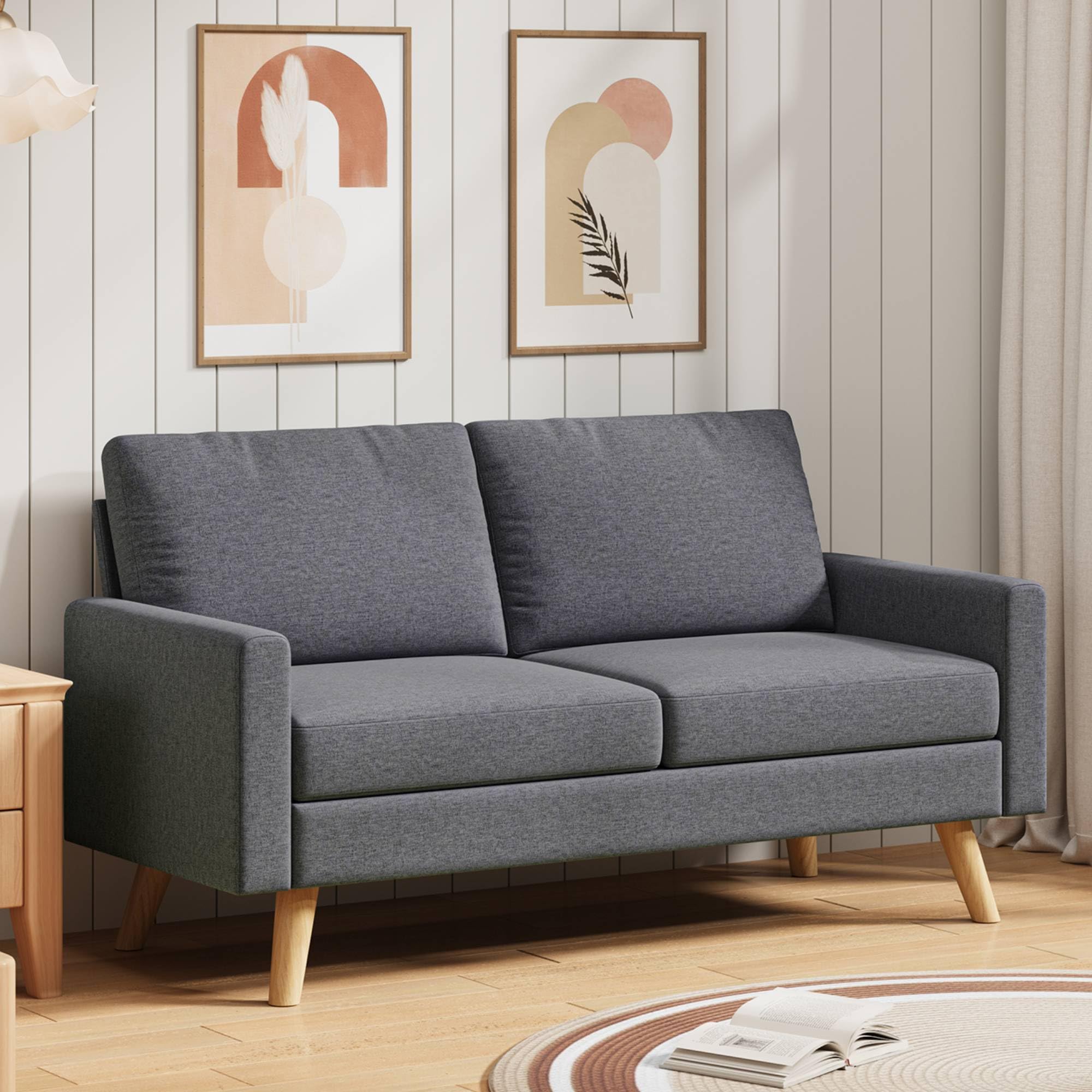 Sofá de 2 Plazas Tapizado, Sofá Compacto Moderno, Patas Madera,Gris oscuro | Cojines Gruesos y Brazos Ergonómicos, patas Madera Antideslizantes, Tela Resistente; para Salón, Apartamento y Dormitorio