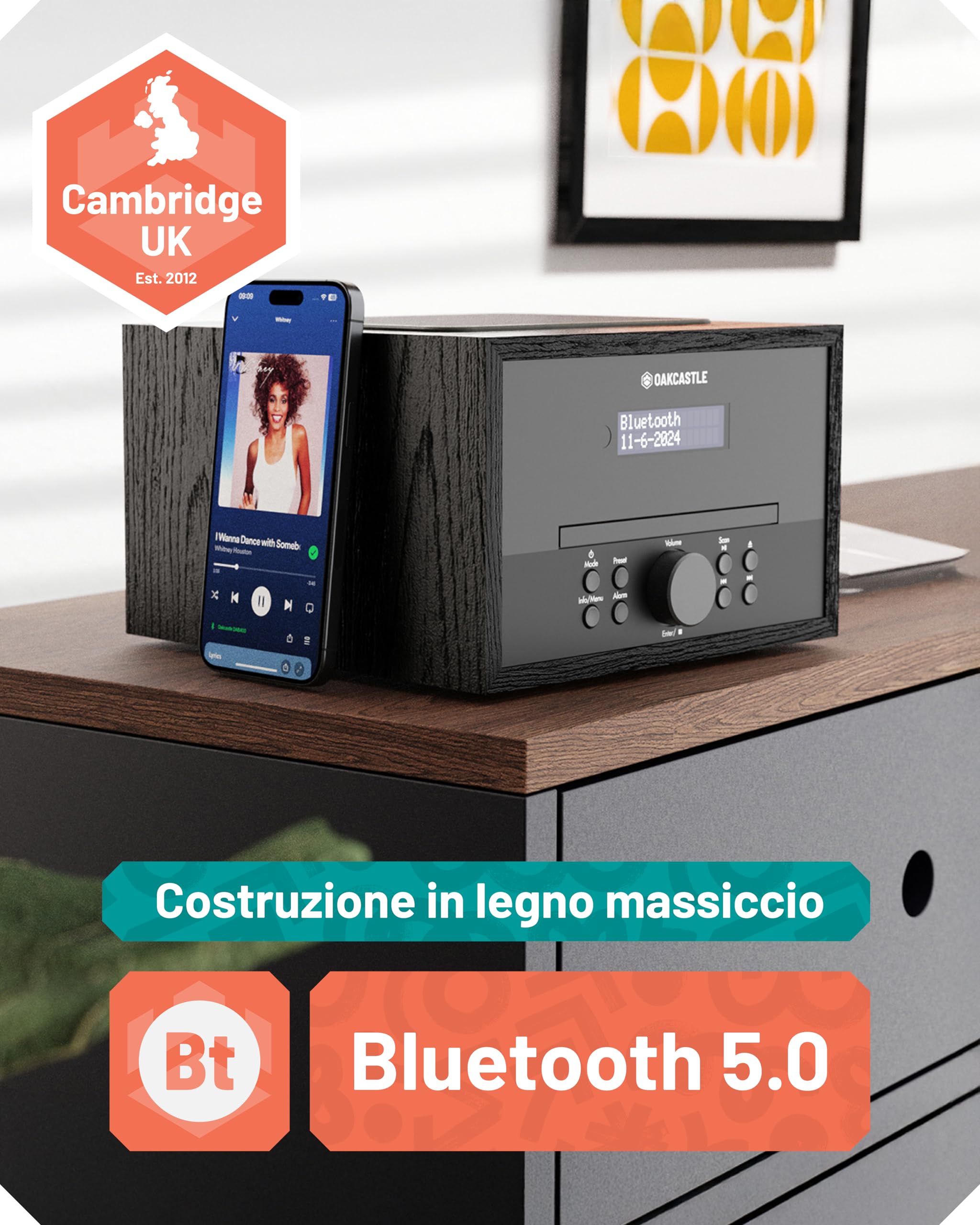 Oakcastle DAB400 Mini Impianto Stereo Hi-Fi 40W Radio DAB/DAB+ Bluetooth 5.0 Lettore CD