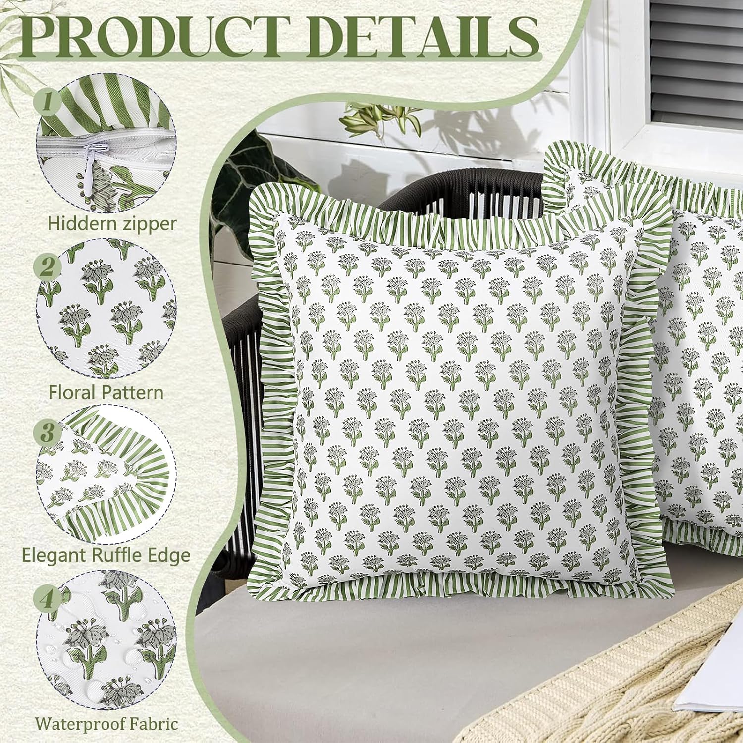 cygnus Green Floral Outdoor Pillow Covers 18x18 Inch Waterproof Ruffle Decorative Spring Summer Throw Pillow Covers for Couch Patio Furniture Garden Bench Porch Outdoor Decor, Set of 2
