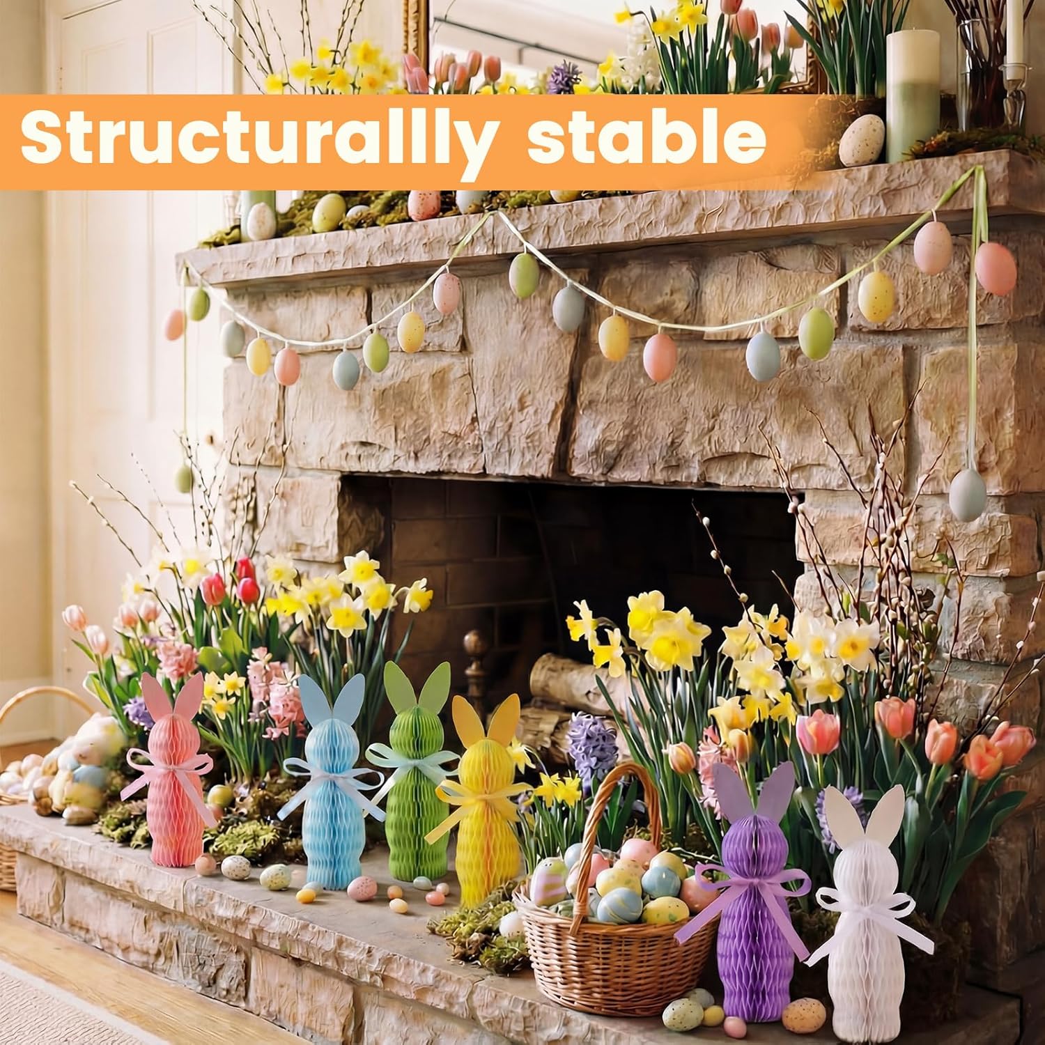 Marspark 12 Pcs Easter Bunny Honeycomb DIY Table Centerpiece Set Easter Decorations 6 Color Reusable Bunny for Spring Holiday Fireplace Party Decor