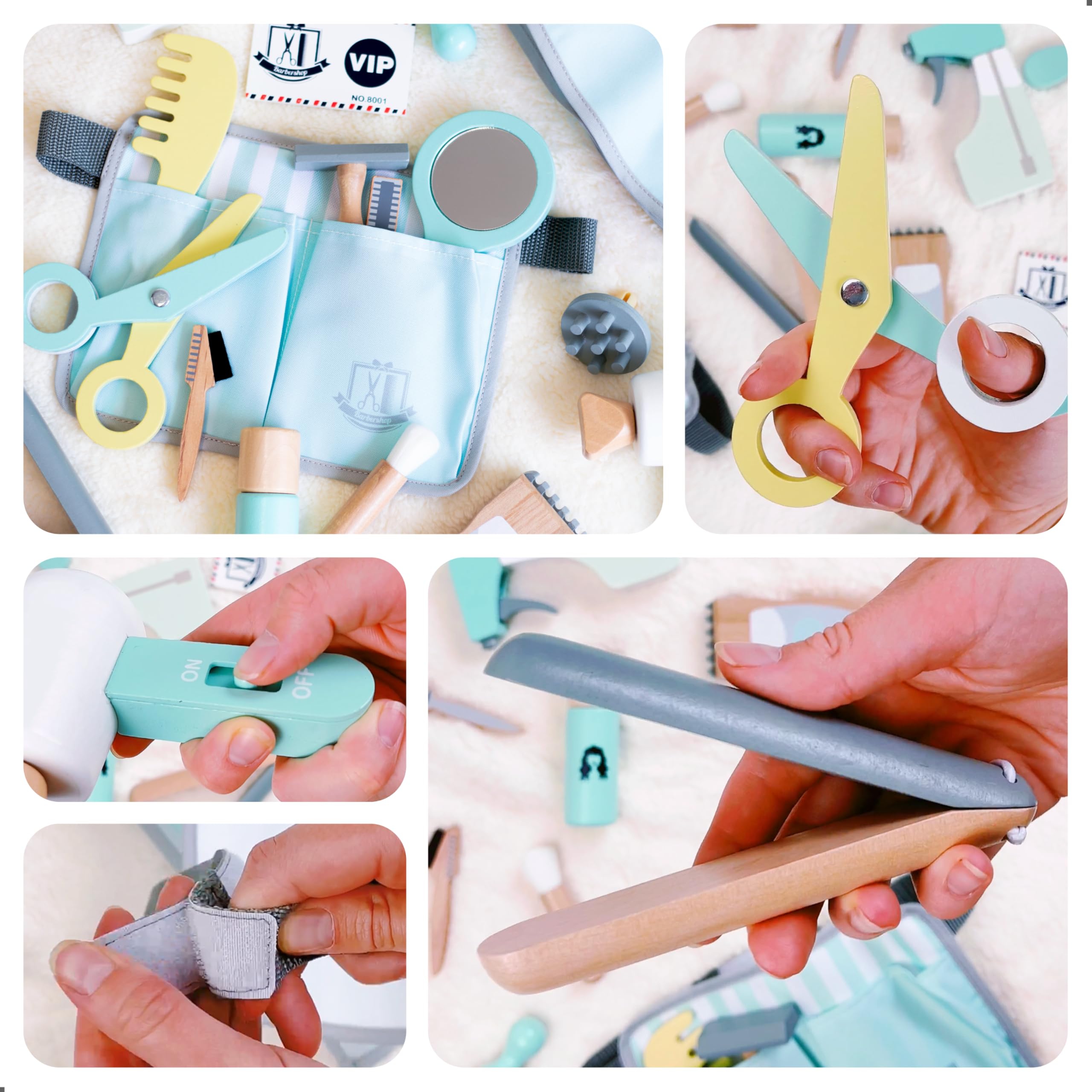 UMU® Wooden Hairdresser Play Set for Kids with Tool Bag, Includes Hairdressing Collar, Scissors, Hair Straightener - Image 4