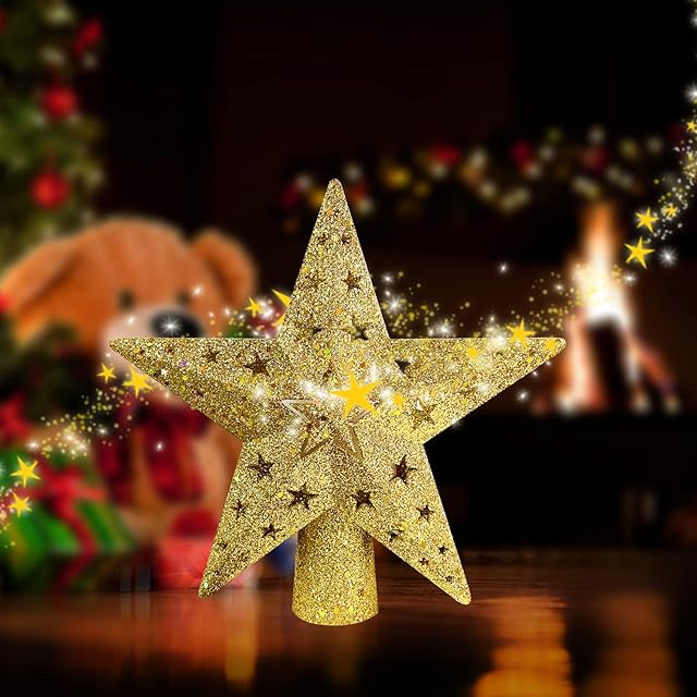 Christmas Tree Star Topper Lighted with Built-in Rotating Magic Ball LED Treetop Projector for Crown Christmas Tree Decoration Ornament Gold