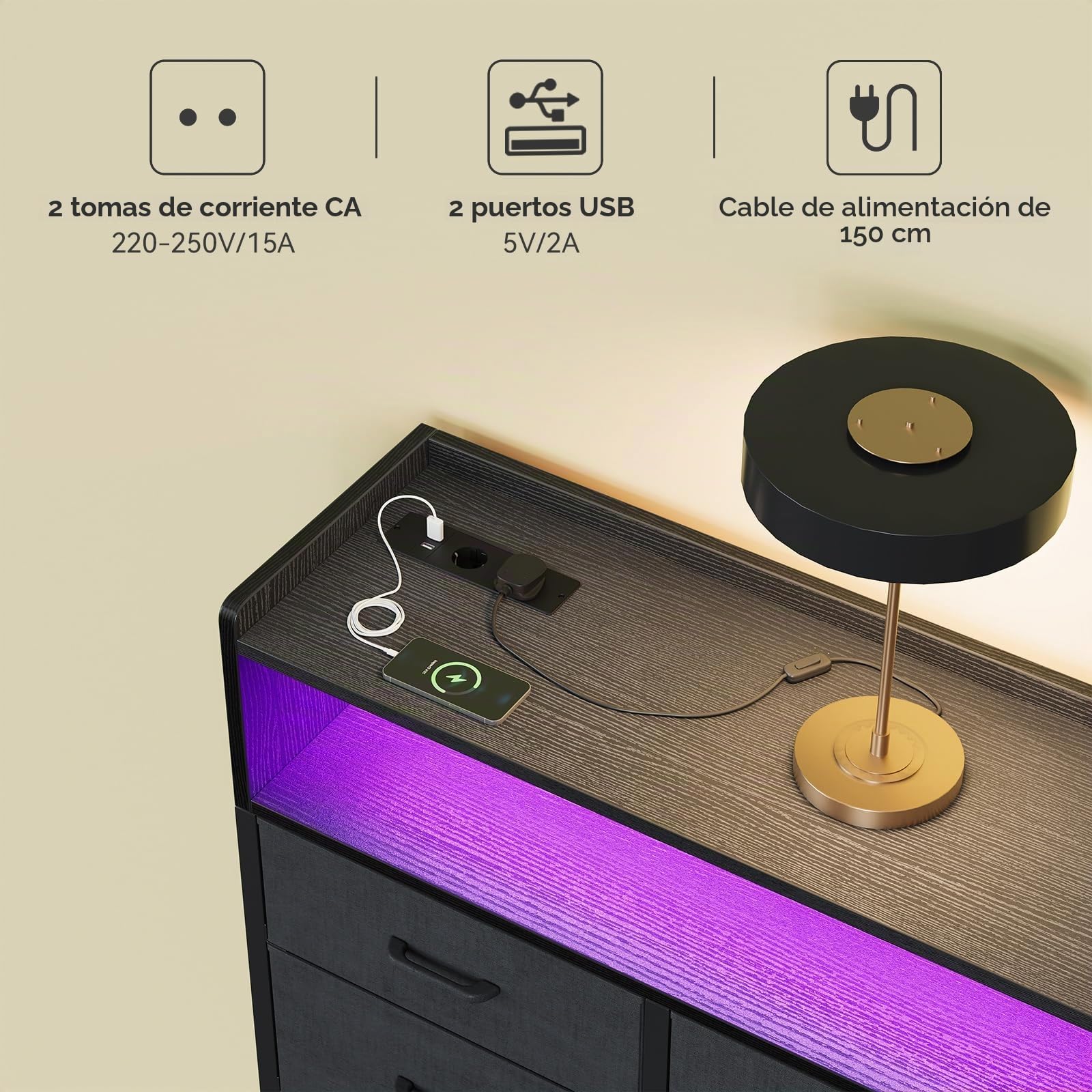 ODK Comoda Dormitorio, con LED, 2 enchufes y 2 USB, con 9 Cajones de Tela | Cajonera para Salón y Dormitorio, Tapa Madera, Marco Acero, Negro, 130 x 30 x 97cm