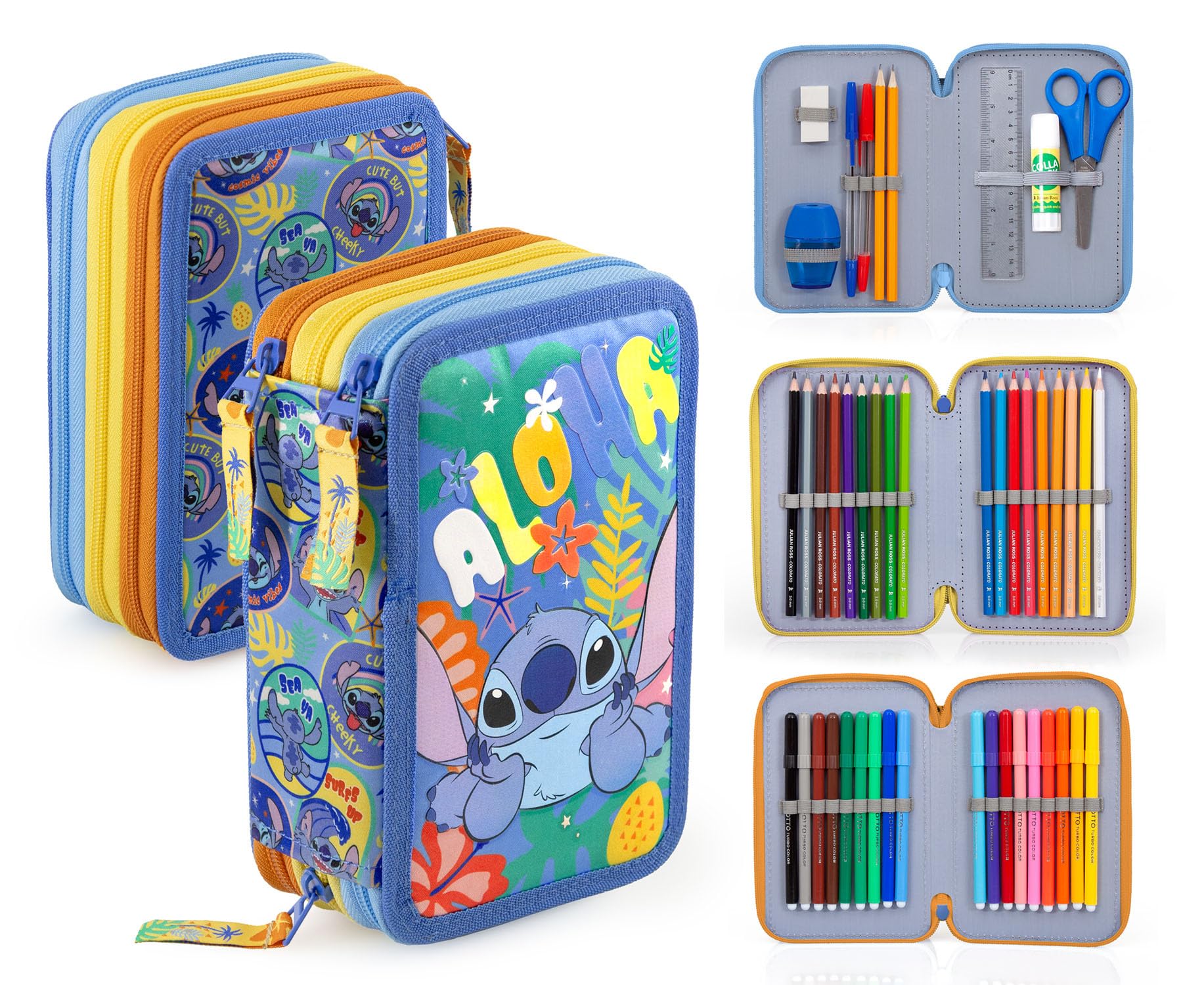 Clondo 3-Fach Federmäppchen – 45-teilig, komplett gefüllt – mit Schere, Kleber, Buntstiften & Filzstiften – Federtasche für Stitch Fan – Blau – Ideal für die Schule & als Geschenk für Mädchen