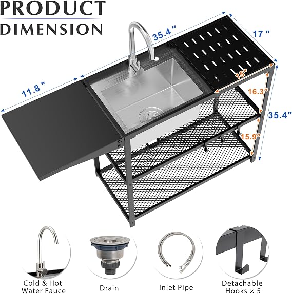 LUCKWIND 47 Freestanding Kitchen Utility Sink w/Stainless Steel Single Bowl, Foldable Countertop & Double Storage Shelves, Cold & Hot Water Faucet for Farmhouse, Outdoor, Laundry and Commercial Use