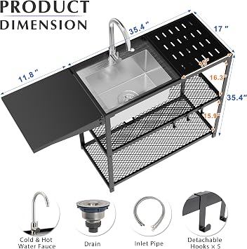 LUCKWIND 47 Freestanding Kitchen Utility Sink w/Stainless Steel Single Bowl, Foldable Countertop & Double Storage Shelves, Cold & Hot Water Faucet for Farmhouse, Outdoor, Laundry and Commercial Use