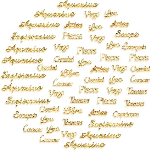 60 PCS Zodiac Word Message Charm Pendant, Gold Twelve Constellation Charm Alloy Zodiac Nail Charms DIY Pendant for Jewelry Making, Resin Mold, Nail, etc.