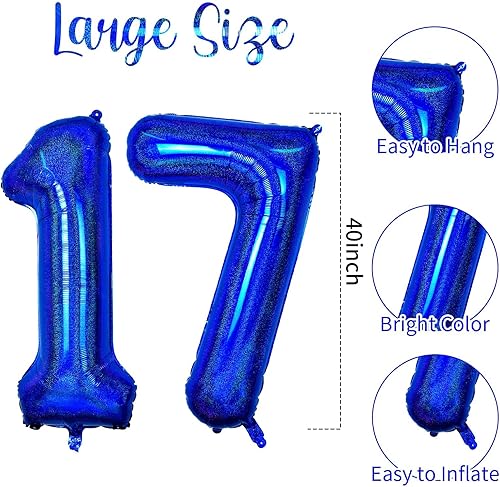 Miniatura 2 de Globo con el número 17 de 40 pulgadas, globo azul láser de números grandes, globos gigantes de Mylar número 17, globos de helio para adolescentes,